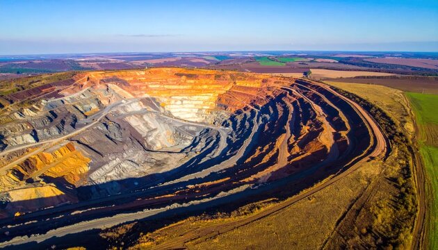 Aerial view of a massive terraced open pit mine.