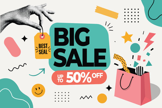 Halftone Pop Art Collage with Hand Holding Price Tag and Shopping Bag. Big Sale: Up to 50 Percent Off Typography. Retail Discount Promotion in Retro Comic Style