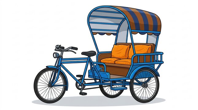 A detailed illustration of a traditional blue bicycle rickshaw with a colorful striped canopy and orange cushioned seats