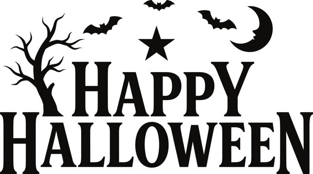 Happy Halloween typography design featuring spooky black bats a silhouette tree a crescent moon and a sharp star vector graphic