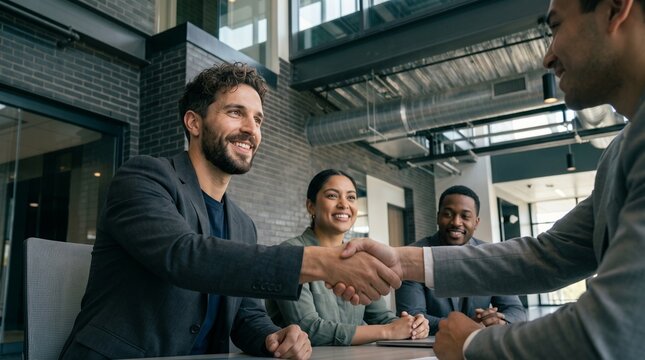 Happy clients shaking hands with financial advisor after successful mortgage loan agreement approval in modern office, diverse customers signing property purchase investment contract deal