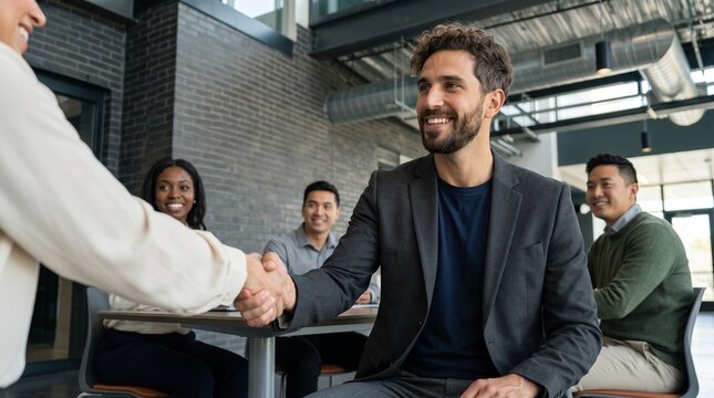 Successful ERP consultant shaking hands after presenting digital business integration to multiracial corporate team. Executive manager completing software partnership deal in modern office.