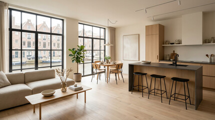 Fototapeta premium Modern open concept living room and kitchen interior with large windows and minimalist furniture in a bright apartment