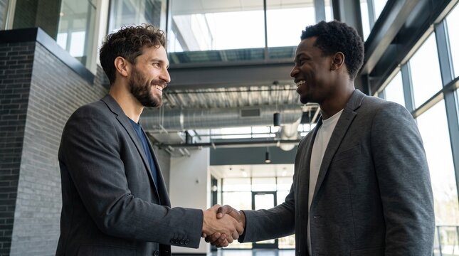 Corporate financial audit meeting and contract approval, professional handshake between diverse executive partners celebrating successful advisory deal in modern glass architectural office atrium