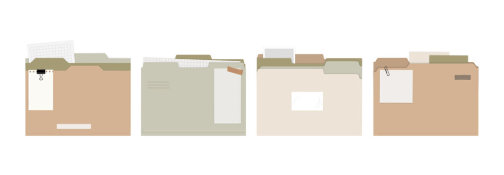 A set of vector templates for office folders with papers and paperclips. Illustrations of folders featuring tabs, paperclips, and papers for document or presentation designs.