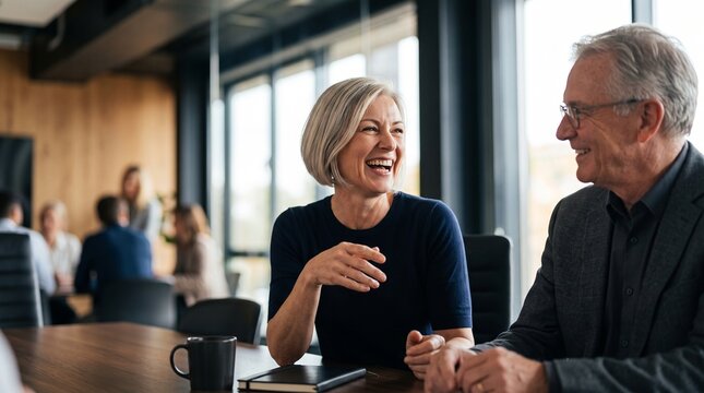 Happy, mature blonde woman laughing with loan advisors during mortgage application approval meeting in modern office space, celebrating successful real estate property investment deal.