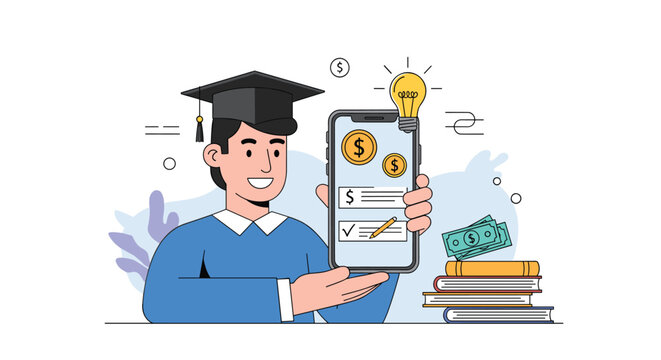 Happy graduate student in mortarboard cap presents university tuition fee and student loan application on smartphone.