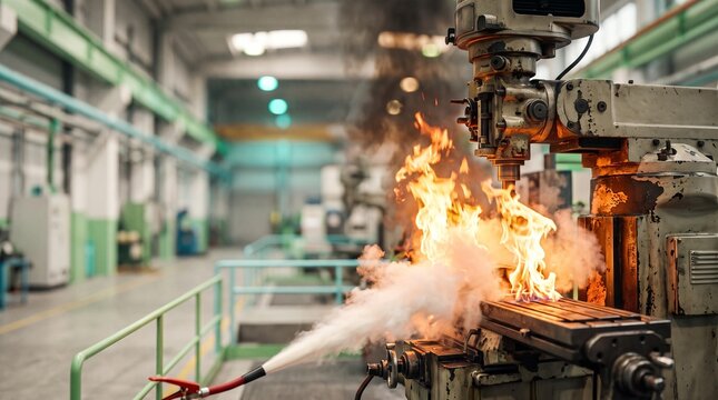 Industrial fire suppression system spraying water on flames near heavy machinery in a factory. Workplace safety, emergency response, hazard prevention and manufacturing concept.