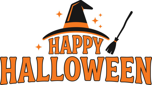 Happy halloween vector graphic illustration featuring a stylized witch hat and flying broomstick design with vibrant orange and black colors