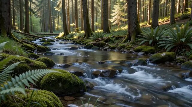 Pristine forest stream flowing over mossy rocks and stones through a lush green woodland with ferns and sunlight filtering through trees