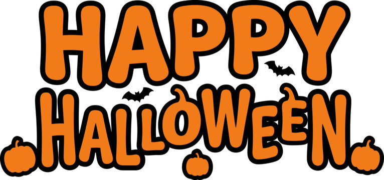 Happy halloween vector typography design featuring vibrant orange bold bubble letters with cute black bat silhouettes and festive autumn pumpkin accents