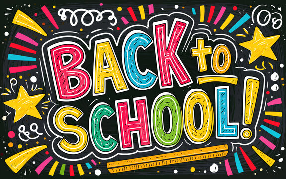 Colorful back to school doodle typography on a dark chalkboard background