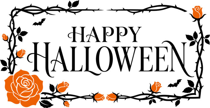Happy halloween greeting card design featuring elegant black thorny vine borders with vibrant orange roses and flying silhouette bats isolated