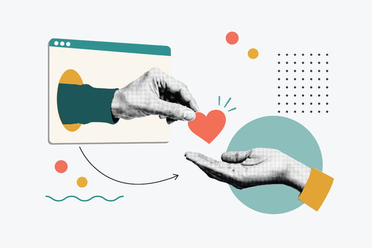 Halftone Pop Art Collage with Hand from Computer Screen Giving Heart to Open Palm. Online Love and Digital Charity Concept. Social Media Connection in Retro Style