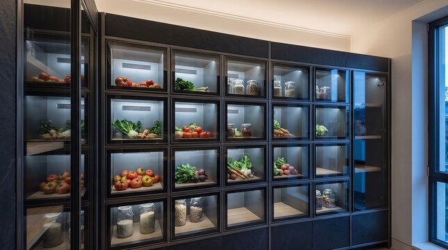 Sophisticated kitchen interior showcasing minimalist storage system with glass cabinets displaying fresh colorful organic produce and pantry staples with lighting.