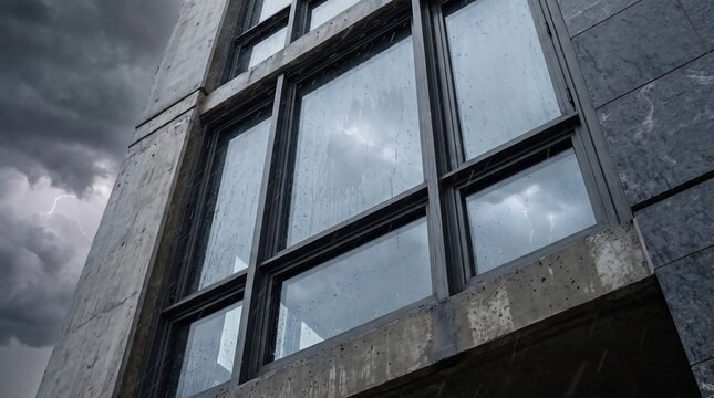 Modern exterior architecture features large glass windows on stone wall during rainy thunderstorm with visible lightning strike occurring in dark moody gray clouds.