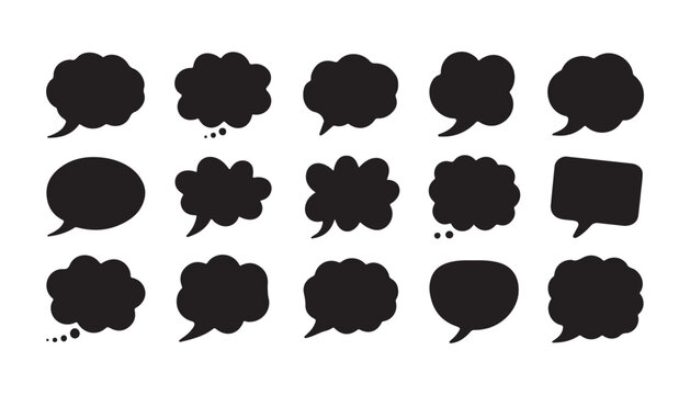 Collection of various black speech bubble shapes and thought clouds for creative design projects and layouts.