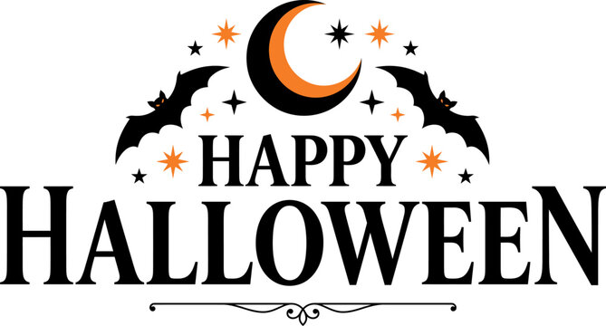 Happy Halloween vector graphic illustration featuring a crescent moon with black bats and orange sparkling stars on white background