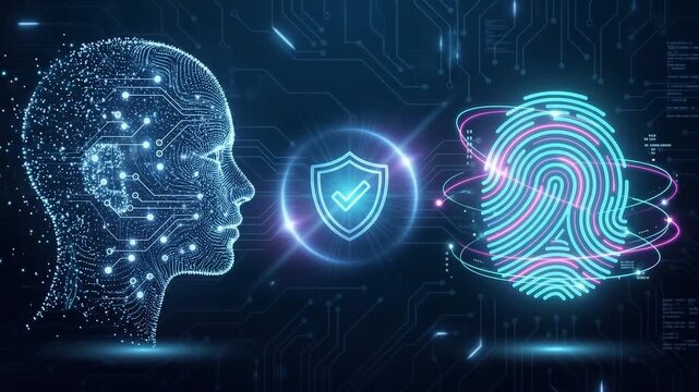 Digital ai head profile with fingerprint biometric security and shield icon representing cybersecurity and identity 4k video