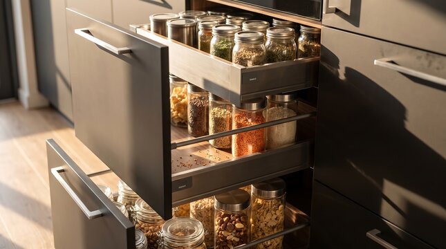 Kitchen cabinet drawers with pull-out shelves filled with many glass jars of spices and ingredients.