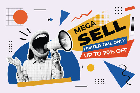 Halftone Pop Art Collage with Person Shouting Through Megaphone. Mega Sell Limited Time Only Up to 70 Percent Off Typography. Retail Discount Sale Concept in Retro Style