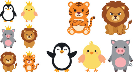 Obraz premium Cute wild and farm animal cartoon character set with angry tiger lion penguin chick pig