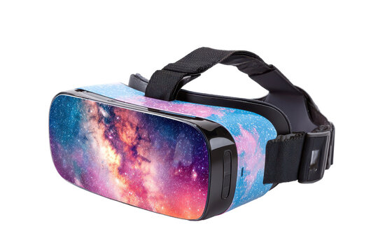 Immersive virtual reality a journey through the cosmos isolated on transparent background. Virtual reality VR headset with cosmic galaxy design isolated on white background.