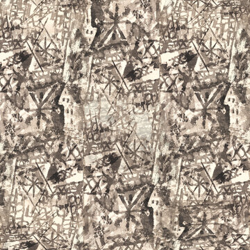 Rustic batik pattern featuring abstract ink-painted geometric tribal signs and textured stars.