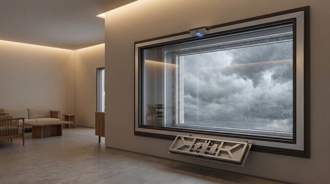 Modern living room featuring large panoramic glass wall looking outside during rainstorm with sleek metal interior ventilation unit attached below clear glass pane.
