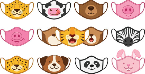 Obraz premium Cute animal face mask icon set with funny cartoon characters for kids protective wear