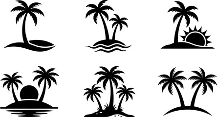 Fototapeta premium Tropical palm tree silhouettes on islands with sun and waves