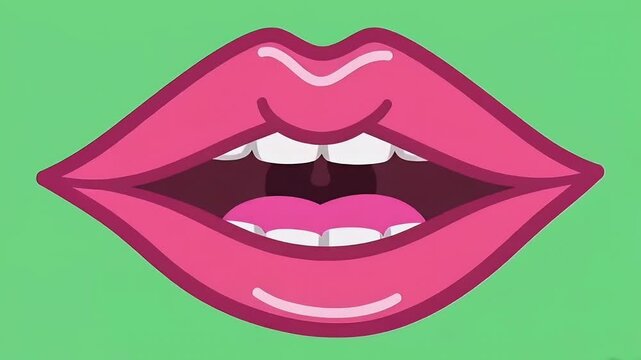 Stylized outline vector animation of pink lips with highlights on a green background for beauty and fashion concepts