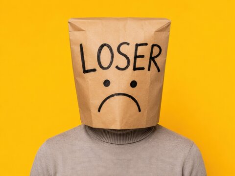 Loser paper bag head sad expression concept