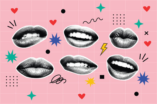 Halftone Pop Art Collage with Lips and Mouth Expressions on Pink Background. Kiss, Smile, and Speak Concept with Heart, Star, and Lightning Bolt Icons in Retro Style