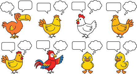 Cute bird cartoon character set featuring chicken rooster duck parrot dodo and text speech bubbles © farida