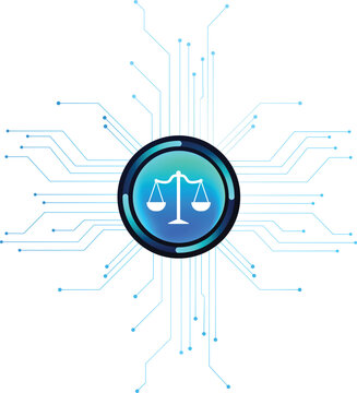 Tech-style button featuring the scales of justice, set against a transparent background with a circuit board pattern. Suitable for LegalTech, digital law, legal automation, smart contracts, AI ethics