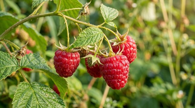 Fresh organic raspberries ripening on the bush in the garden