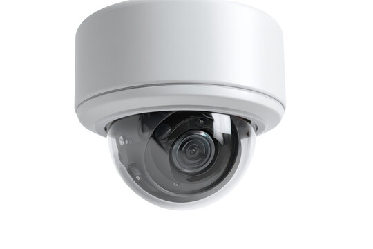 Modern security camera with advanced surveillance technology isolated on transparent background. Modern white dome security camera with lens isolated on white background.