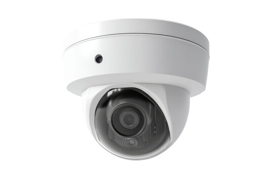 Modern dome security camera for enhanced surveillance isolated on transparent background. Modern white security dome camera with lens isolated on white background.