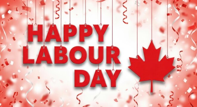 Happy Labour Day greeting with maple leaf and confetti