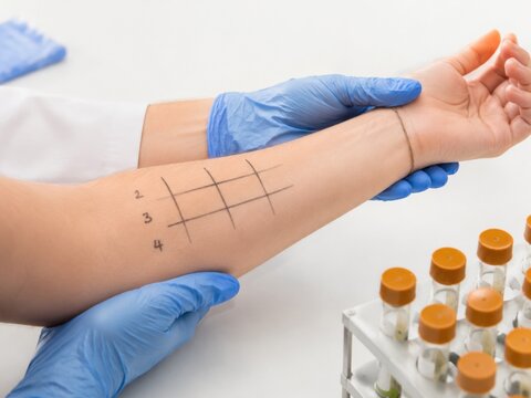 Allergy skin test forearm medical female caucasian adult patient undergoing allergy prick examination