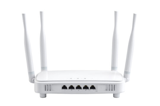 Advanced wireless router with four external antennas for enhanced connectivity isolated on transparent background. White wireless internet router with four antennas isolated on white background.