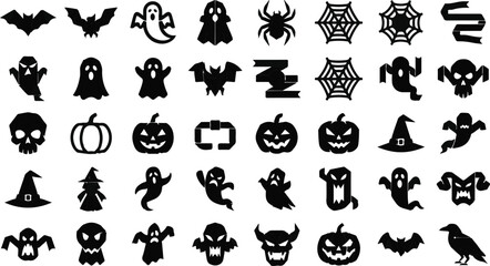 Naklejka premium Halloween silhouettes including ghosts, pumpkins, bats, and skulls are organized on a white backdrop.