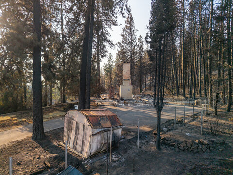 Aerial view of the aftermath of a wildfire in Spokane, Washington, United States, showing charred pine trees, a lone standing chimney, and a damaged shed on scorched earth.