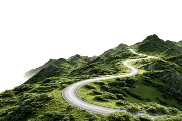 Fototapeta premium Serene mountain road journey through lush green peaks isolated on transparent background. winding coastal mountain road with lush greenery isolated on white background.