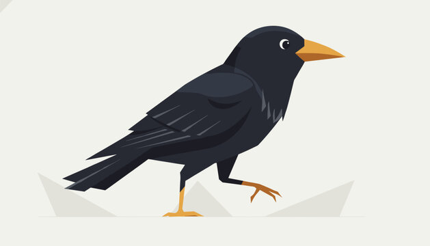 Large black bird resembling a crow or raven is shown in a walking pose against a light neutral background for wildlife concepts.