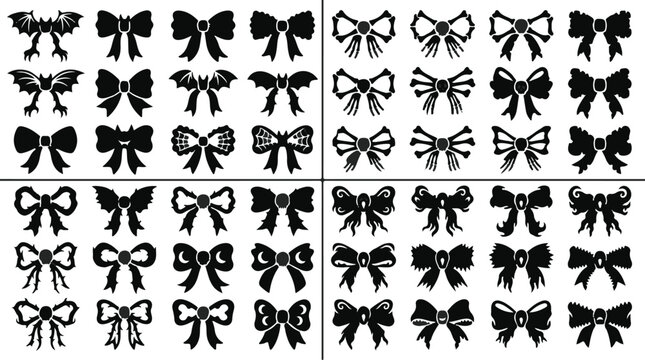 Spooky bow icon sets with Halloween motifs are divided into four framed quadrants on a white backdrop.