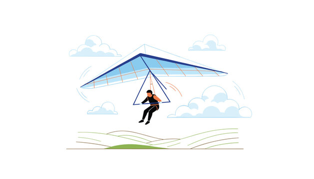 Hang glider pilot soaring through a cloudy sky above rolling green hills during an adventurous outdoor flight.