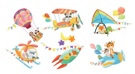 Fototapeta premium Vector set of cute animal characters flying on hot air balloon, airplanes, helicopter, hang glider, and rocket for children design and nursery art.