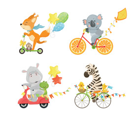 Naklejka premium Vector collection of funny animal characters riding scooter, bicycle and motor scooter with balloons and party flags for children design and nursery art.